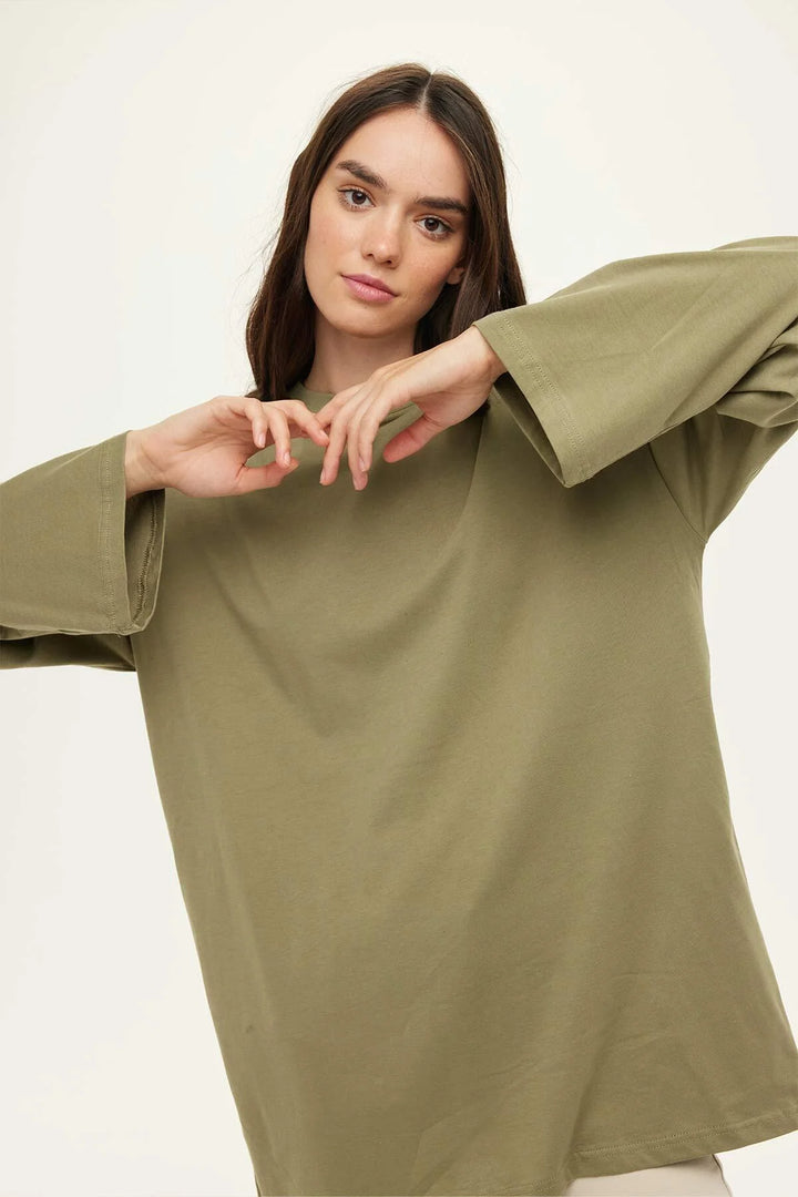 T-shirt Oversize Manches Longues – Kaki Clair
