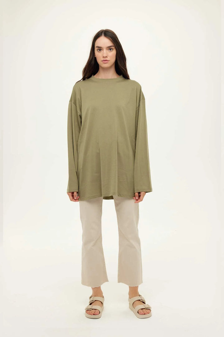 T-shirt Oversize Manches Longues – Kaki Clair
